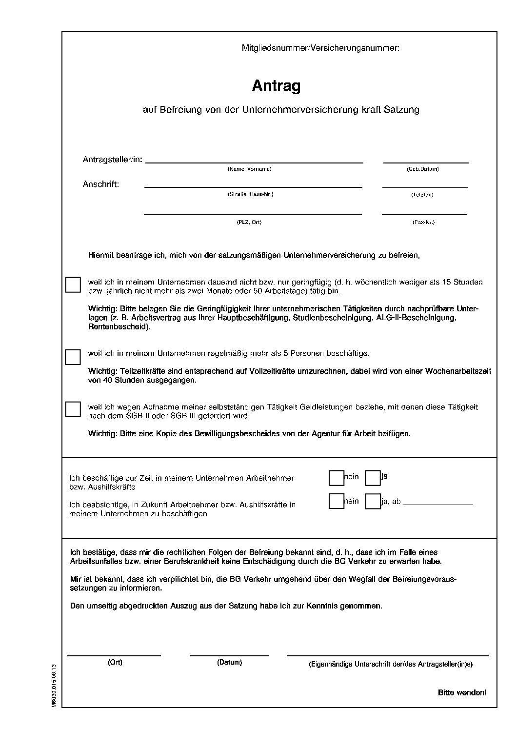 Berufsgenossenschaft Antrag Befreiung Unternehmerversicherung - DCV ...