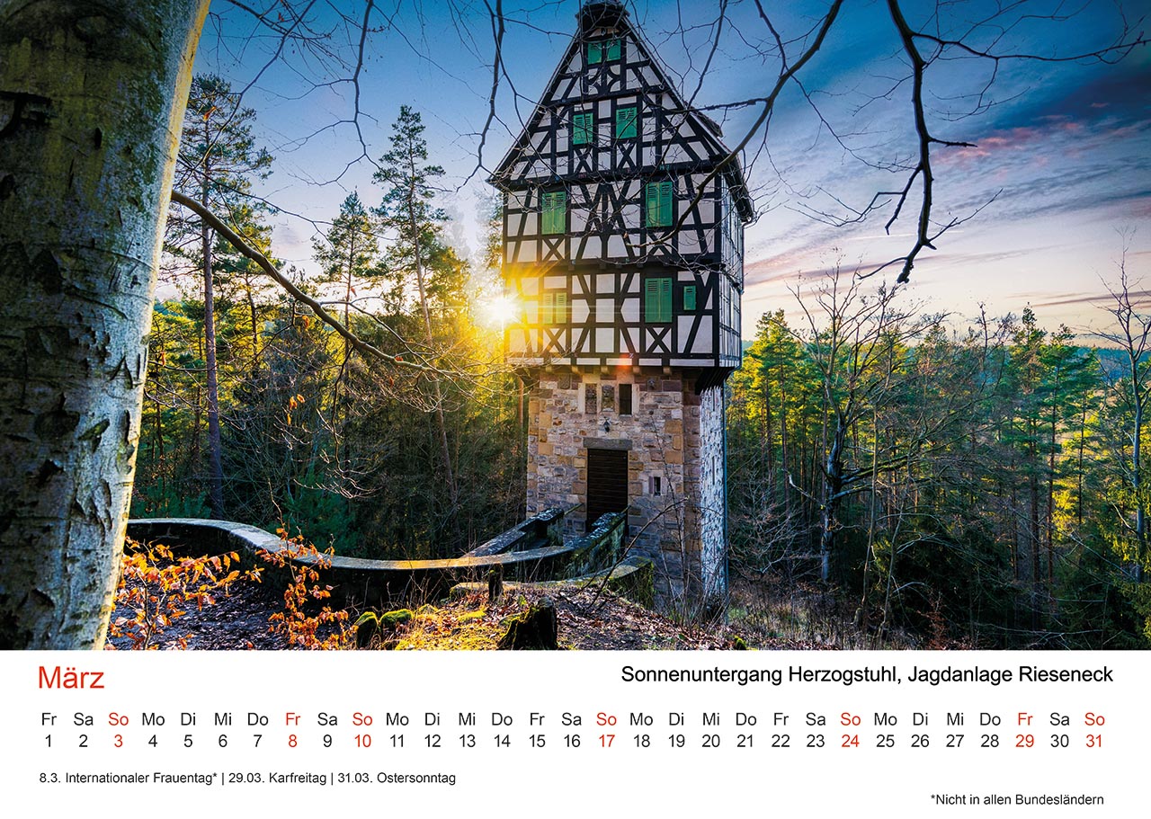 Fotokalender Thüringen 2024, Monat März - Sonnenuntergang Herzogstuhl, Rieseneck